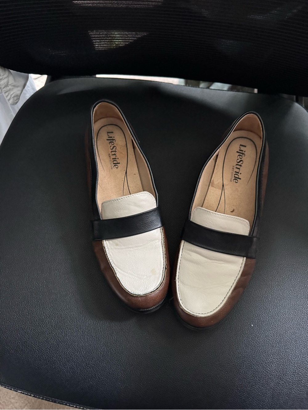 Life Stride Tri-Panel Leather Penny Loafers in Cream, Black & Brown